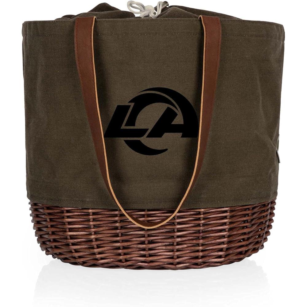 image:imagePICNIC TIME NFL Coronado Canvas and Willow Basket Tote Picnic Tote Bag Beach Tote Khaki Green with Beige AccentsLos Angeles Rams