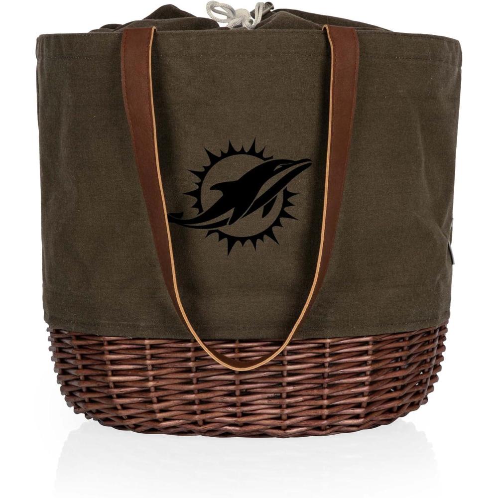 image:imagePICNIC TIME NFL Coronado Canvas and Willow Basket Tote Picnic Tote Bag Beach Tote Khaki Green with Beige AccentsMiami Dolphins