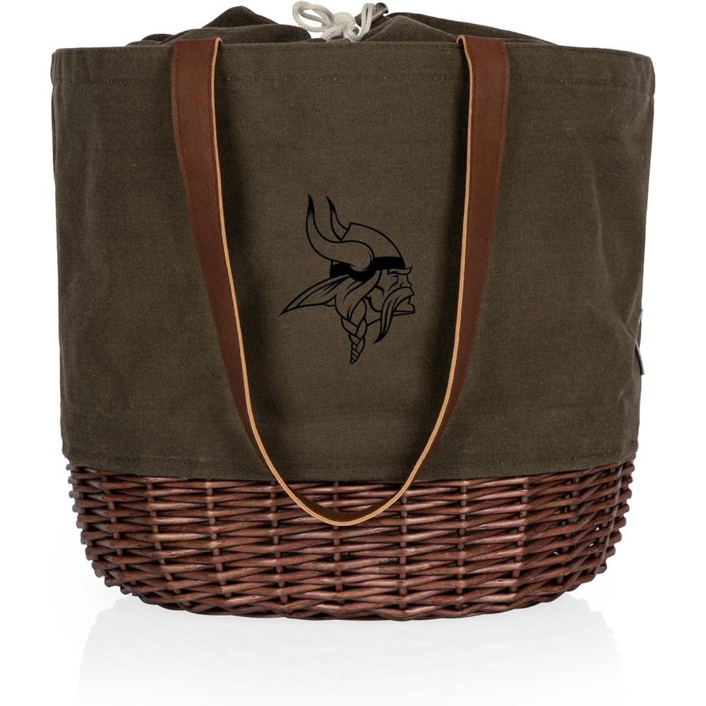 image:imagePICNIC TIME NFL Coronado Canvas and Willow Basket Tote Picnic Tote Bag Beach Tote Khaki Green with Beige AccentsMinnesota Vikings