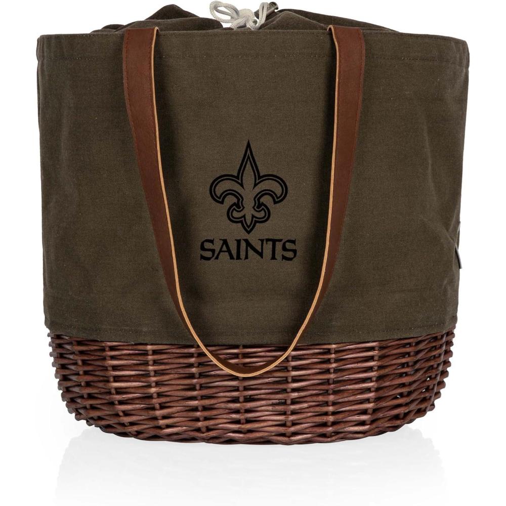 image:imagePICNIC TIME NFL Coronado Canvas and Willow Basket Tote Picnic Tote Bag Beach Tote Khaki Green with Beige AccentsNew Orleans Saints