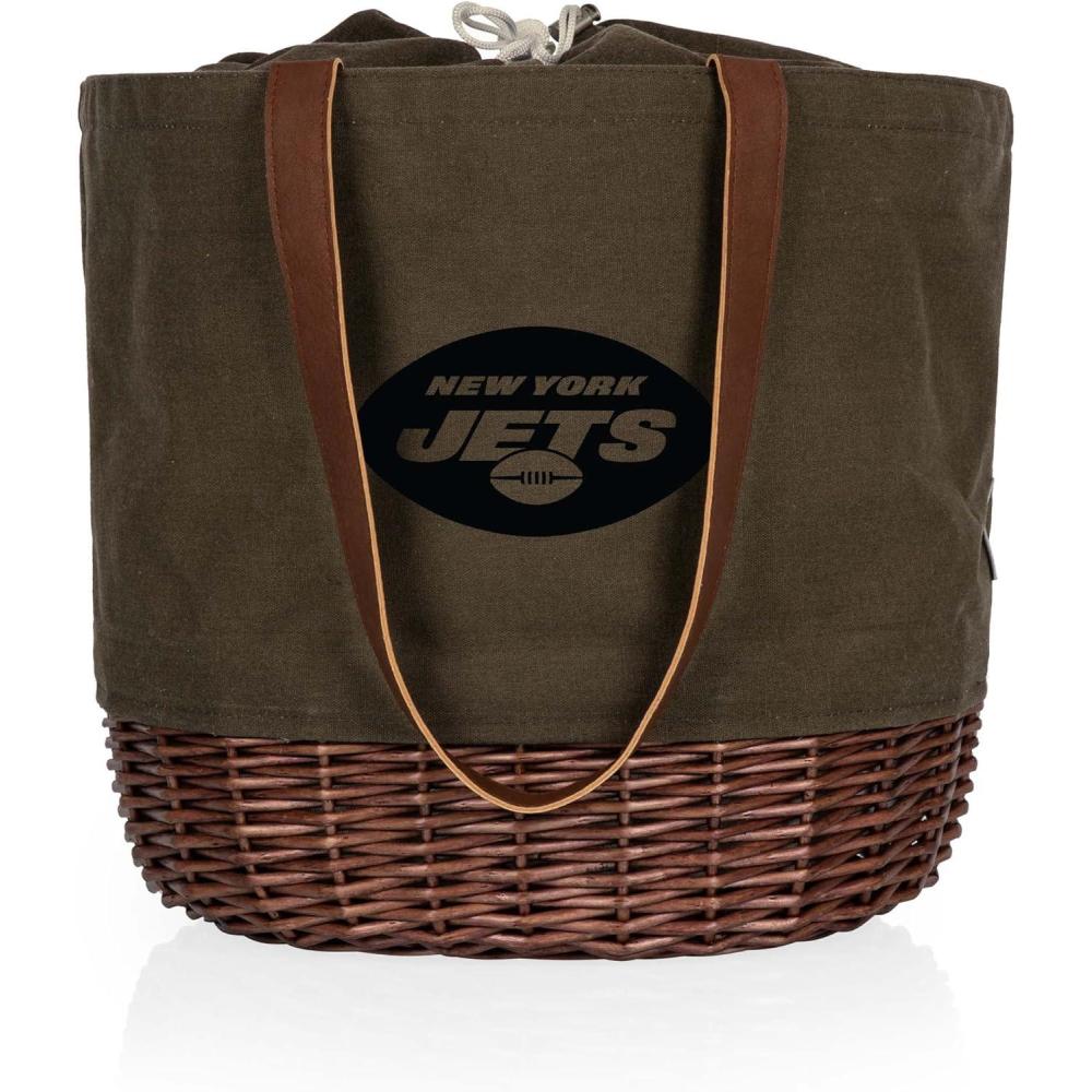 image:imagePICNIC TIME NFL Coronado Canvas and Willow Basket Tote Picnic Tote Bag Beach Tote Khaki Green with Beige AccentsNew York Jets