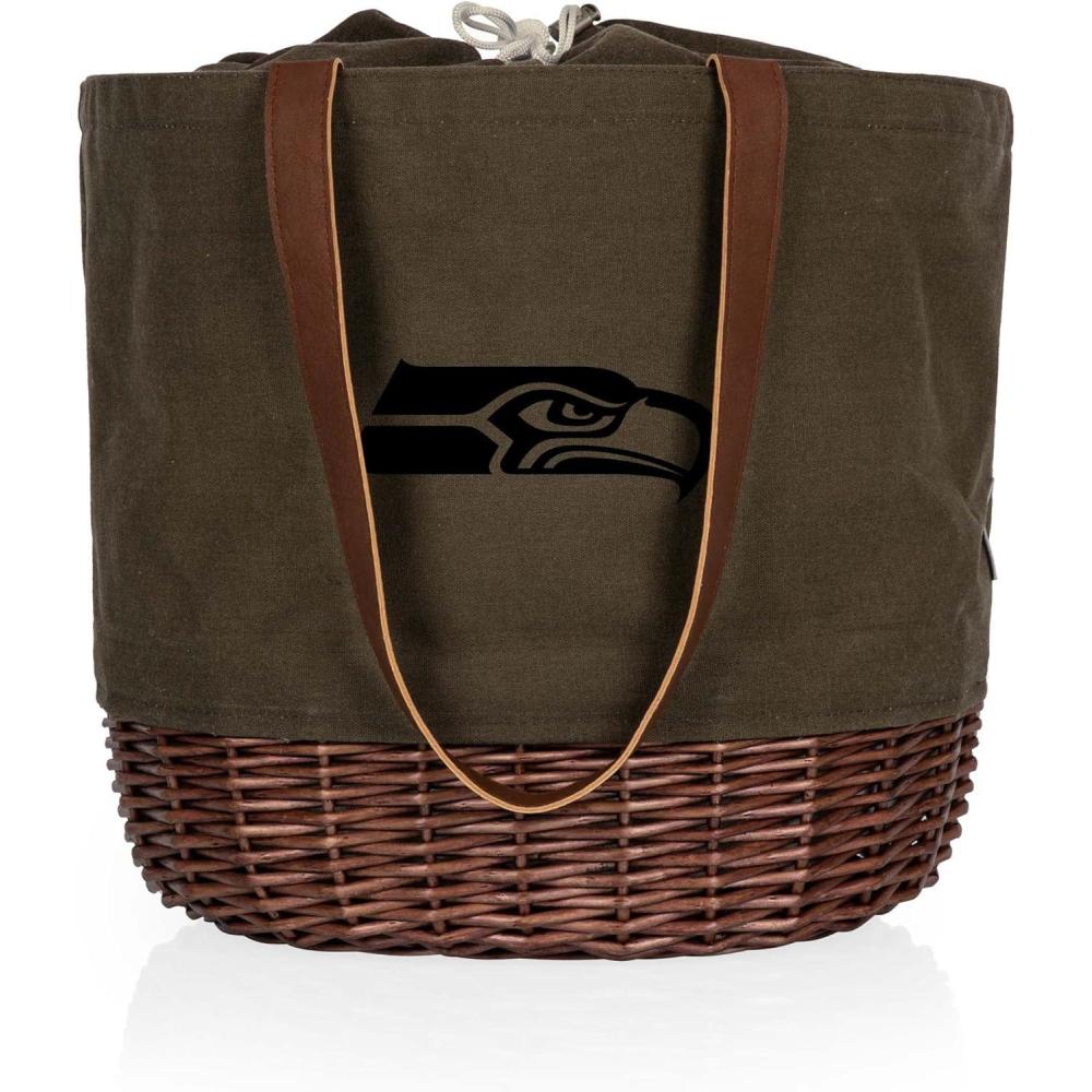 image:imagePICNIC TIME NFL Coronado Canvas and Willow Basket Tote Picnic Tote Bag Beach Tote Khaki Green with Beige AccentsSeattle Seahawks