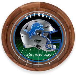 PICNIC TIME NFL Barista Serving Tray with Glass Insert, Round Acacia Wood Cheese Board, Serving Platter with Handles, (Acacia Wood)(Detroit Lions)
