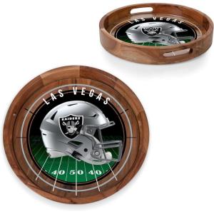 PICNIC TIME NFL Barista Serving Tray with Glass Insert, Round Acacia Wood Cheese Board, Serving Platter with Handles, (Acacia Wood)(Las Vegas Raiders)