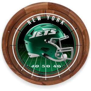 PICNIC TIME NFL Barista Serving Tray with Glass Insert, Round Acacia Wood Cheese Board, Serving Platter with Handles, (Acacia Wood)(New York Jets)