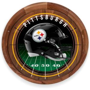 PICNIC TIME NFL Barista Serving Tray with Glass Insert, Round Acacia Wood Cheese Board, Serving Platter with Handles, (Acacia Wood)(Pittsburgh Steelers)
