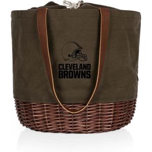 PICNIC TIME NFL Coronado Canvas and Willow Basket Tote, Picnic Tote Bag, Beach Tote, (Khaki Green with Beige Accents)(Cleveland Browns)
