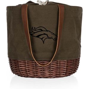 PICNIC TIME NFL Coronado Canvas and Willow Basket Tote, Picnic Tote Bag, Beach Tote, (Khaki Green with Beige Accents)(Denver Broncos)