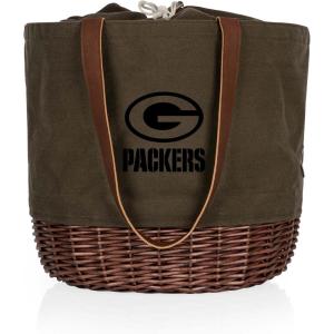 PICNIC TIME NFL Coronado Canvas and Willow Basket Tote, Picnic Tote Bag, Beach Tote, (Khaki Green with Beige Accents)(Green Bay Packers)