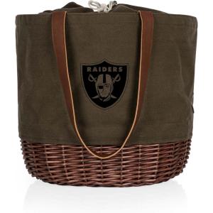 PICNIC TIME NFL Coronado Canvas and Willow Basket Tote, Picnic Tote Bag, Beach Tote, (Khaki Green with Beige Accents)(Las Vegas Raiders)