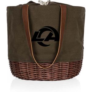 PICNIC TIME NFL Coronado Canvas and Willow Basket Tote, Picnic Tote Bag, Beach Tote, (Khaki Green with Beige Accents)(Los Angeles Rams)