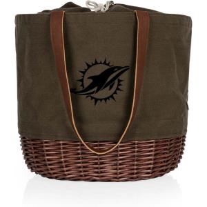 PICNIC TIME NFL Coronado Canvas and Willow Basket Tote, Picnic Tote Bag, Beach Tote, (Khaki Green with Beige Accents)(Miami Dolphins)