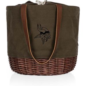 PICNIC TIME NFL Coronado Canvas and Willow Basket Tote, Picnic Tote Bag, Beach Tote, (Khaki Green with Beige Accents)(Minnesota Vikings)