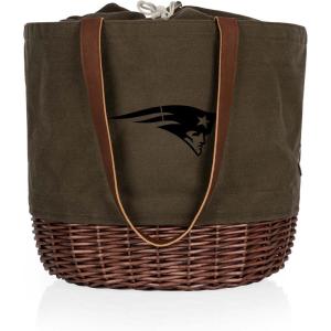 PICNIC TIME NFL Coronado Canvas and Willow Basket Tote, Picnic Tote Bag, Beach Tote, (Khaki Green with Beige Accents)(New England Patriots)