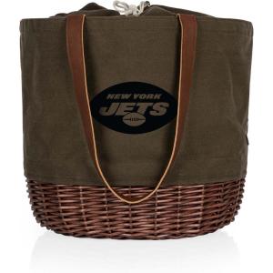 PICNIC TIME NFL Coronado Canvas and Willow Basket Tote, Picnic Tote Bag, Beach Tote, (Khaki Green with Beige Accents)(New York Jets)