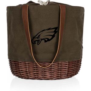 PICNIC TIME NFL Coronado Canvas and Willow Basket Tote, Picnic Tote Bag, Beach Tote, (Khaki Green with Beige Accents)(Philadelphia Eagles)