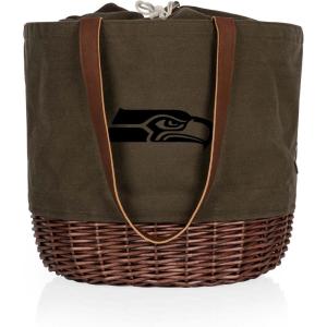 PICNIC TIME NFL Coronado Canvas and Willow Basket Tote, Picnic Tote Bag, Beach Tote, (Khaki Green with Beige Accents)(Seattle Seahawks)