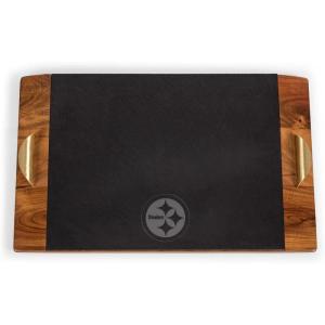 PICNIC TIME NFL Covina – Acacia and Slate Serving Tray, (Acacia Wood & Slate Black with Gold Accents), (Acacia Wood & Slate Black with Gold Accents)(Pittsburgh Steelers)