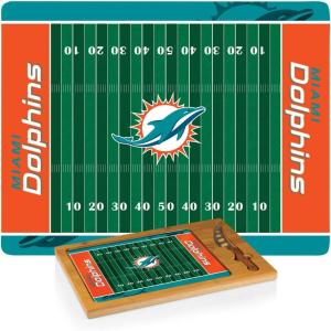 PICNIC TIME NFL Football Field Icon Glass Top Cutting Board & Knife Set, (Parawood & Bamboo)(Miami Dolphins)