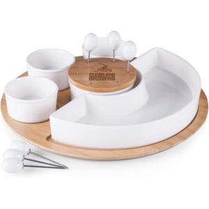 PICNIC TIME NFL Symphony Appetizer Serving Tray Set, Party Platter Set, Appetizer Plate, (Bamboo & White Ceramic)(Cleveland Browns)
