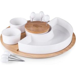 PICNIC TIME NFL Symphony Appetizer Serving Tray Set, Party Platter Set, Appetizer Plate, (Bamboo & White Ceramic)(Denver Broncos)