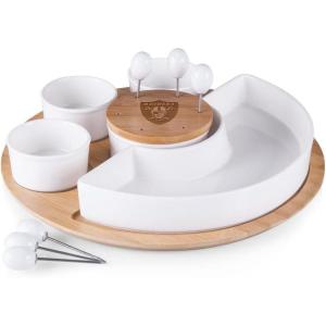 PICNIC TIME NFL Symphony Appetizer Serving Tray Set, Party Platter Set, Appetizer Plate, (Bamboo & White Ceramic)(Oakland Raiders)