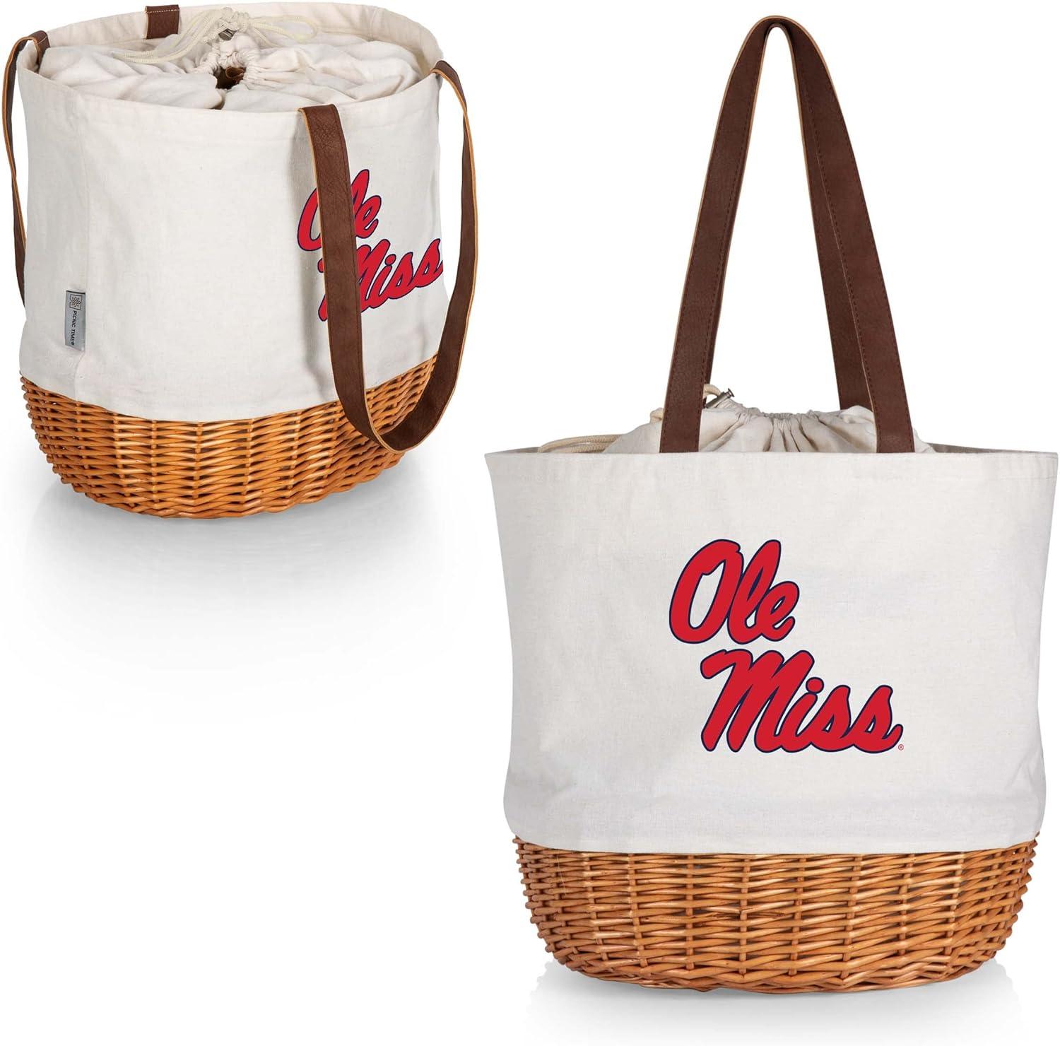 image:imagePicnic TIME NCAA Coronado Canvas and Willow Basket Tote Picnic Tote Bag Beach Tote Beige CanvasOle Miss Rebels