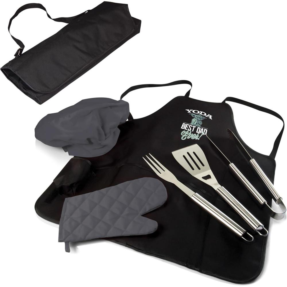 image:imagePicnic TIME Star Wars Yoda BBQ Apron Tote Pro Grill Set with Stainless Steel Tools Portable Folding Grill Apron with Shoulder Strap Outdoor Cooking Set Black with Gray Accents