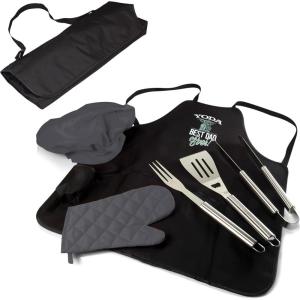 Picnic TIME Star Wars Yoda BBQ Apron Tote Pro Grill Set with Stainless Steel Tools Portable Folding Grill Apron with Shoulder Strap Outdoor Cooking Set (Black with Gray Accents)
