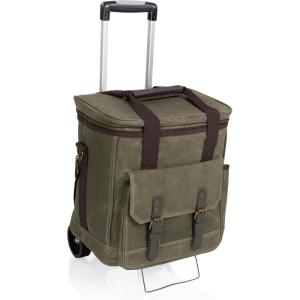PICNIC TIME Weekender 6 Bottle Insulated Wine Bag with Trolley, Padded Wine Cooler Bag for Travel, Portable Water-Resistant Bag with Removable Interior Bottle Divider (Khaki Green & Brown Accents)