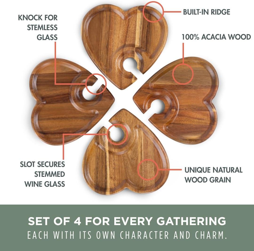 image:imagePICNIC TIME Heart Wine Appetizer Plates Set of 4 Wooden Cocktail Plates with Glass Holder Mini Charcuterie Boards for Wine and Cheese Parties Acacia Cheese Board Serving Trays Acacia Wood