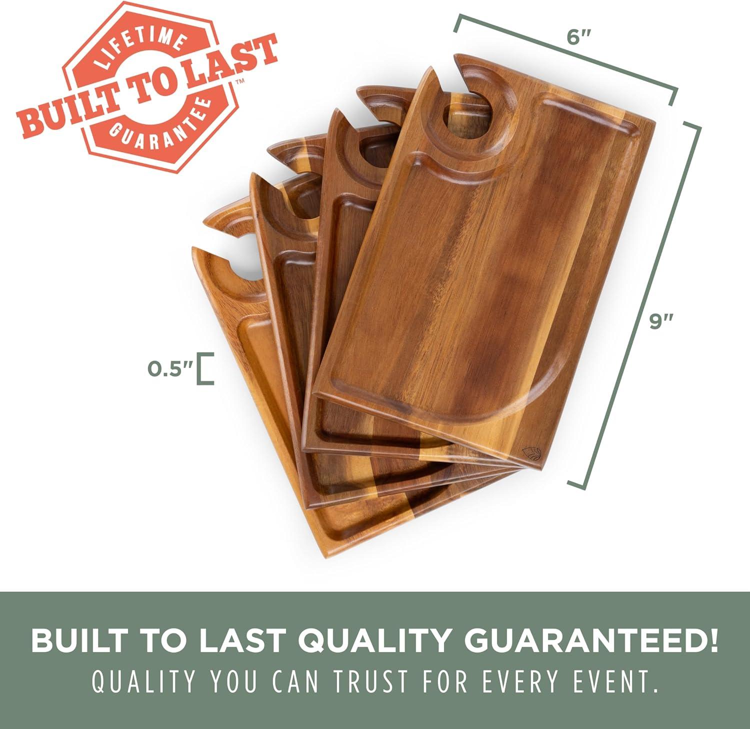 image:imagePICNIC TIME Rectangle Wine Appetizer Plates Set of 4 Wooden Cocktail Plates with Glass Holder Mini Charcuterie Boards for Wine and Cheese Parties Acacia Cheese Board Serving Trays Acacia Wood