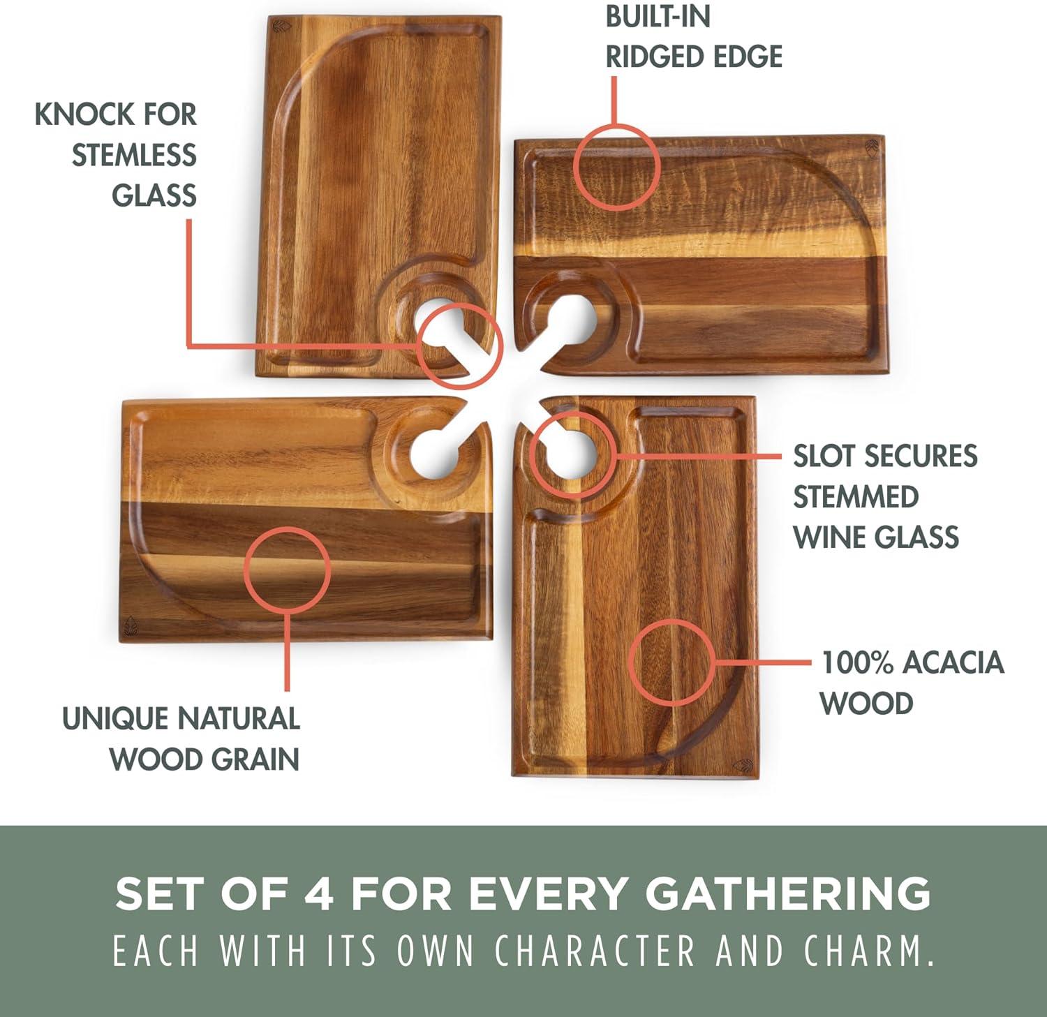 image:imagePICNIC TIME Rectangle Wine Appetizer Plates Set of 4 Wooden Cocktail Plates with Glass Holder Mini Charcuterie Boards for Wine and Cheese Parties Acacia Cheese Board Serving Trays Acacia Wood