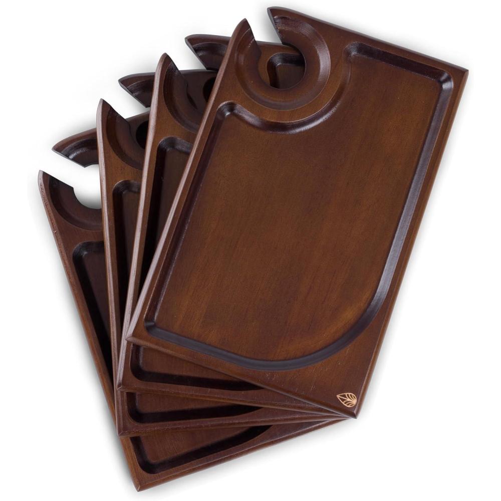 image:imagePICNIC TIME Rectangle Wine Appetizer Plates Set of 4 Wooden Cocktail Plates with Glass Holder Mini Charcuterie Boards for Wine and Cheese Parties Acacia Cheese Board Serving Trays Stained Wood