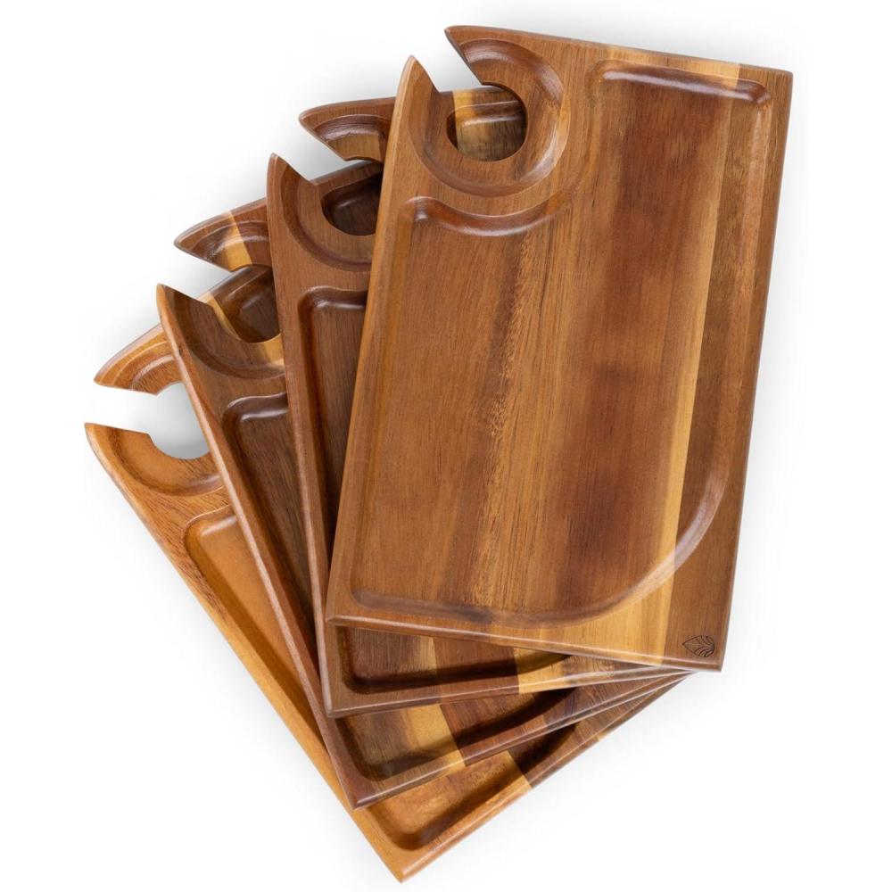 image:imagePICNIC TIME Rectangle Wine Appetizer Plates Set of 4 Wooden Cocktail Plates with Glass Holder Mini Charcuterie Boards for Wine and Cheese Parties Acacia Cheese Board Serving Trays Acacia Wood