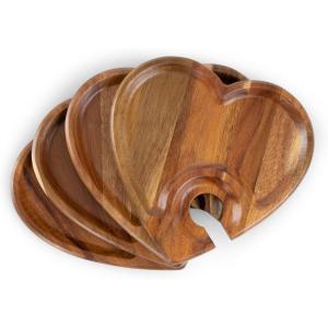 PICNIC TIME Heart Wine Appetizer Plates, Set of 4 Wooden Cocktail Plates with Glass Holder, Mini Charcuterie Boards for Wine and Cheese Parties, Acacia Cheese Board Serving Trays (Acacia Wood)