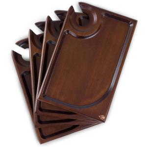 PICNIC TIME Rectangle Wine Appetizer Plates, Set of 4 Wooden Cocktail Plates with Glass Holder, Mini Charcuterie Boards for Wine and Cheese Parties, Acacia Cheese Board Serving Trays (Stained Wood)