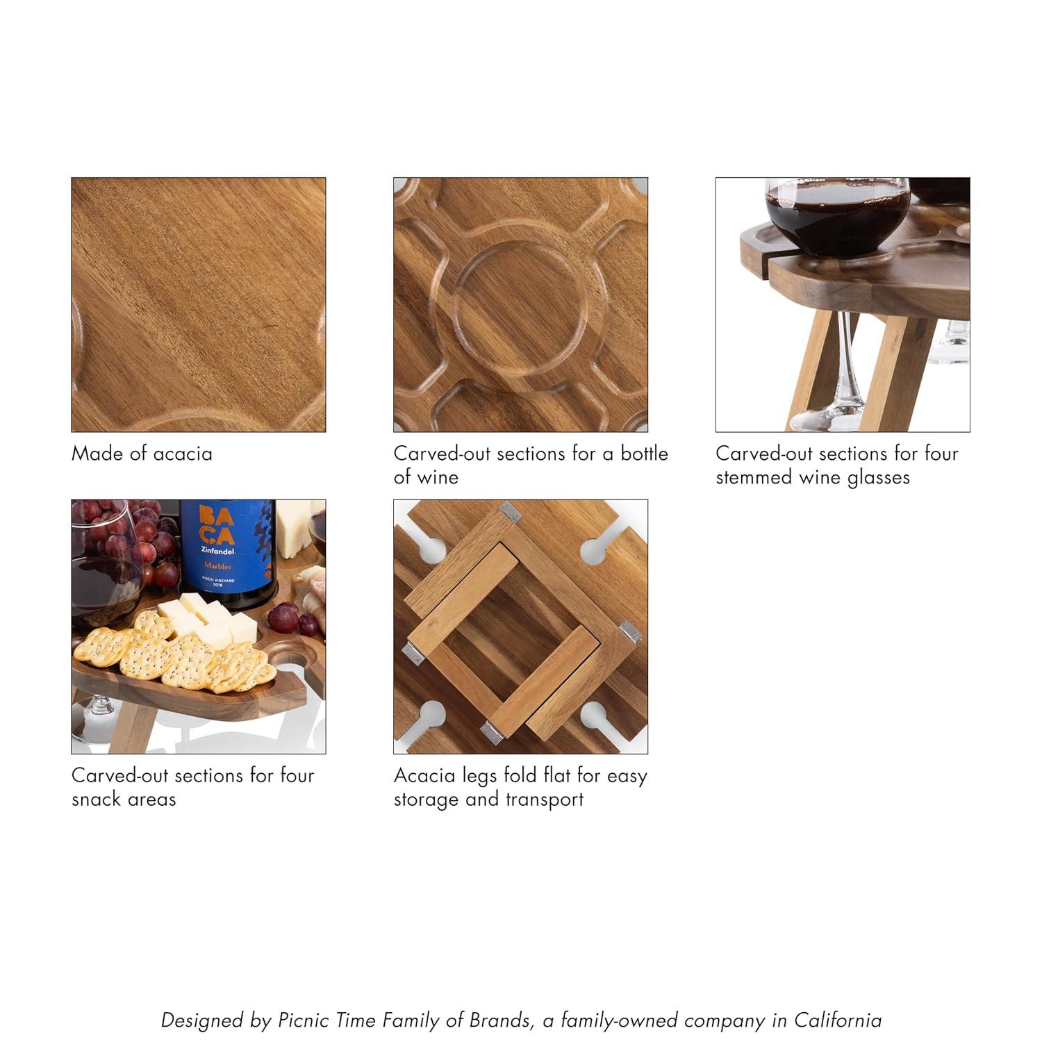 image:imagePicnic TIME Mesavino Wine Picnic Table for Charcuterie Portable Charcuterie Board Folding Tray Table with 4 Wine Glasses Holder Made of Beautiful Acacia Wood with CarvedOut Sections Acacia Wood