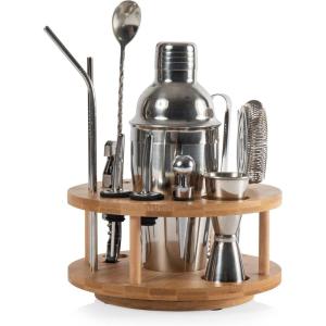 PICNIC TIME Lazy Susan Bar Tool Set, 12-piece Bartender Kit in Lazy Susan, Cocktail Set in Round Wooden Turntable, Mixology Bartender Set in Bamboo Turntable Organizer, (Bamboo with Silver Accents)