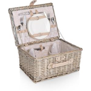 PICNIC TIME Classic Picnic Basket for 2, Romantic English-Style Wooden Wicker Basket with Deluxe Service for 2, Fully-lined Interior, Leatherette Lid-locking Buckle, and Carry Handle, (Beige Canvas)