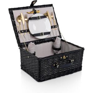 PICNIC TIME Classic Picnic Basket for 2, Romantic English-Style Wooden Wicker Basket with Deluxe Service for 2, Fully-lined Interior, Leatherette Lid-locking Buckle, and Carry Handle, (Black Willow)