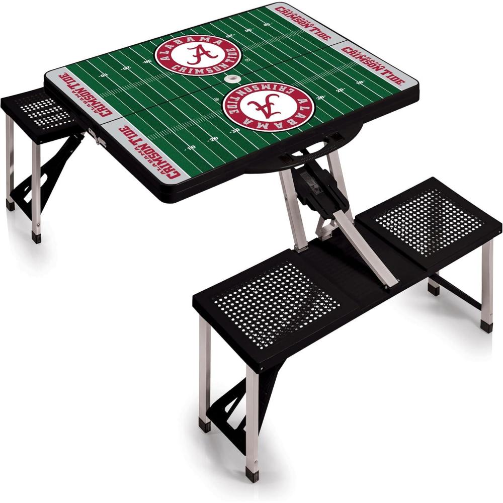 image:imagePICNIC TIME NCAA Alabama Crimson Tide Folding Picnic Table with 4 Seats Camping Table Outdoor Table with Umbrella Hole Black  Football Field