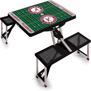 PICNIC TIME NCAA Alabama Crimson Tide Folding Picnic Table with 4 Seats, Camping Table, Outdoor Table with Umbrella Hole, (Black – Football Field)