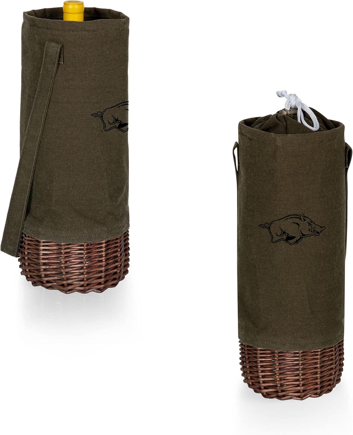 image:imagePICNIC TIME NCAA Malbec Insulated Canvas and Willow Wine Bottle Basket Wine Tote Wine Gift Bag Khaki Green with Beige AccentsArkansas Razorbacks