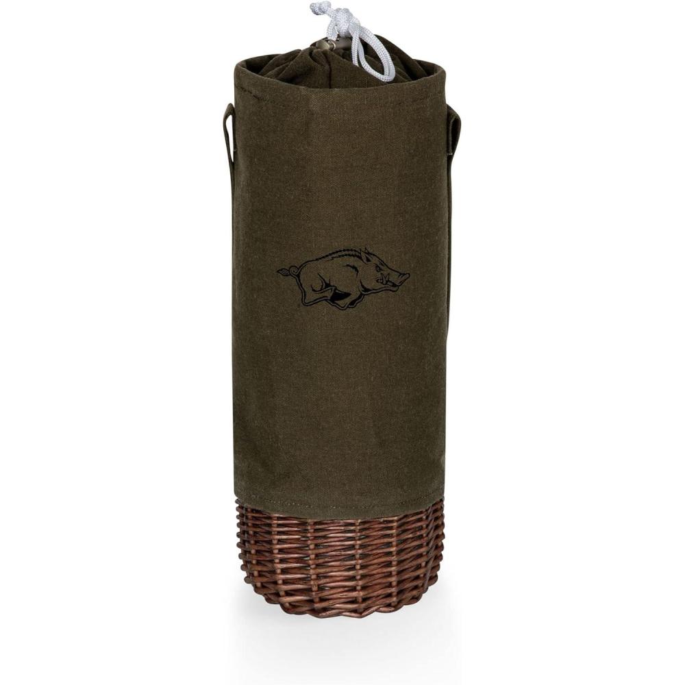 image:imagePICNIC TIME NCAA Malbec Insulated Canvas and Willow Wine Bottle Basket Wine Tote Wine Gift Bag Khaki Green with Beige AccentsArkansas Razorbacks