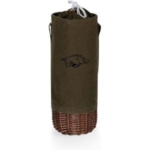 PICNIC TIME NCAA Malbec Insulated Canvas and Willow Wine Bottle Basket, Wine Tote, Wine Gift Bag, (Khaki Green with Beige Accents)(Arkansas Razorbacks)