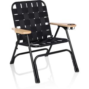 PICNIC TIME Lux Woven Camp Chair, 250 lbs Capacity Outdoor Folding Camping Chair for Adults with Cupholder, Rust-Free Lightweight Aluminum Frame, and Sturdy Webbing Design for Comfort (Black)